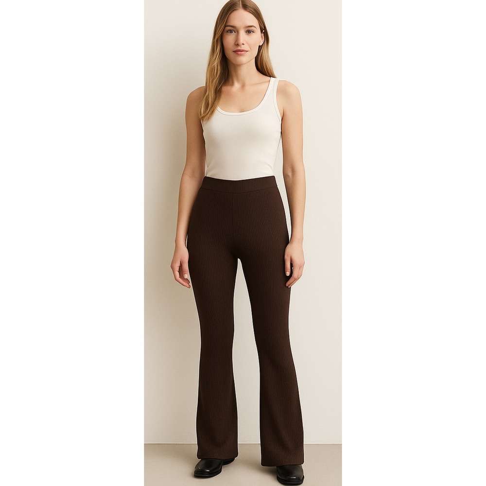 H&M Ribbed Knit Flare Pants Medium Dark Brown Cotton Blend Y2K Lounge Minimalist